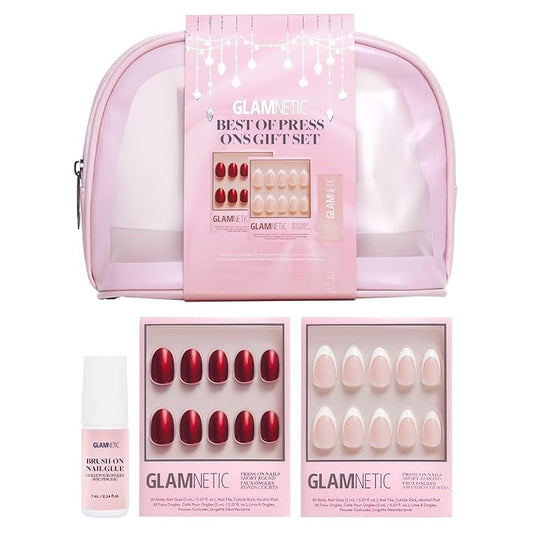 Glamnetic Press On Nails - Fan Faves Press On Gift Set | Two Top-Selling Nails in Cherry Glaze & MaDamn, Brush-On Nail Glue and Travel Pouch Included | Compact, Perfect for Holiday Gifting