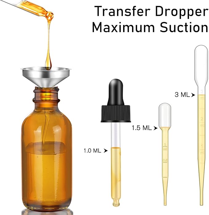 1oz Dropper Bottles for Essential Oils, 100 Pack 30ml Amber Glass Dropper Bottles with Eye Dropper, 10 Funnel and 10 Long Dropper, Empty Tincture Bottles for Travel, Home use