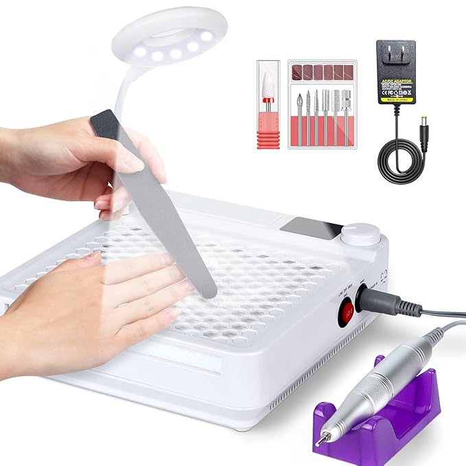 SAVILAND 3-in-1 Nail Dust Collector – Powerful Nail Vacuum Fan with Efile Nail Drill Lighting Lamp Reusable Filter Dust Collector Extractor for Manicure Nail Art Equipment Acrylic/Gel Nails Removal