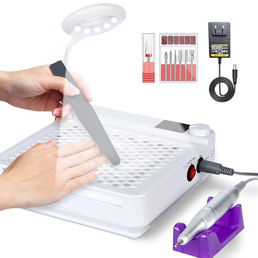 SAVILAND 3-in-1 Nail Dust Collector – Powerful Nail Vacuum Fan with Efile Nail Drill Lighting Lamp Reusable Filter Dust Collector Extractor for Manicure Nail Art Equipment Acrylic/Gel Nails Removal