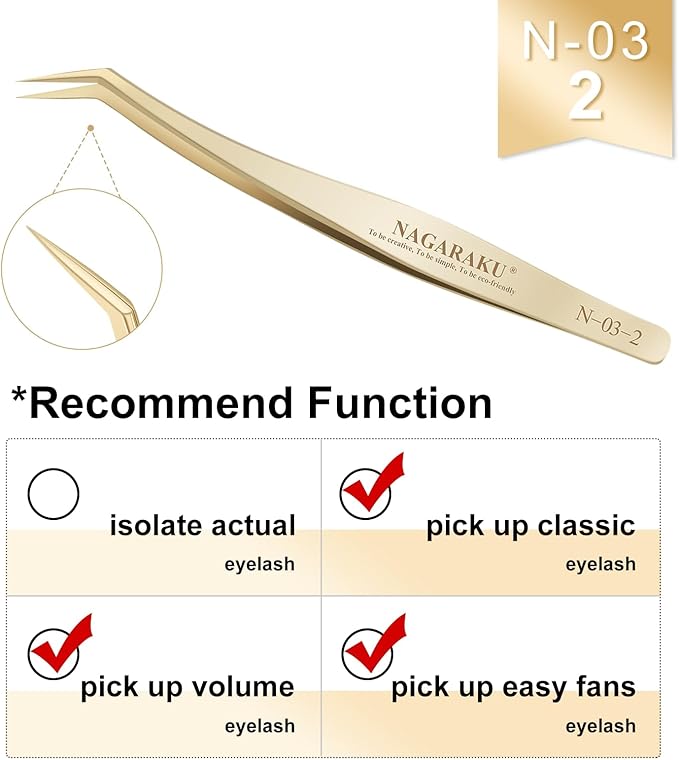 NAGARAKU Eyelash Extension Tweezers Gold Straight Curved 1 pair Angled Long tip Volume Cluster Light Weight Easy Fanning Tweezers Stainless Steel Precision
