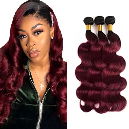 Ombre 99J Bundles 1B99j Human Hair Body Wave Bundles Black to Burgundy Body Wave Bundles two tone Brazilian Human Hair Weave Wet and Wavy for Woman 14 16 18 Inch