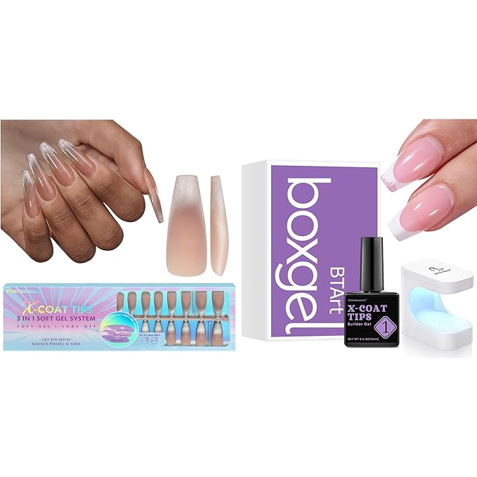 BTArtboxnails XCOATTIPS Long Coffin French Tip Cat Eye Press On Nails with Builder Gel and Mini Nail Lamp Set