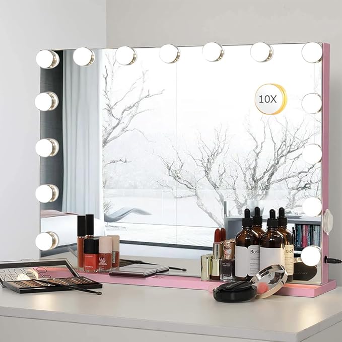 22.8"x 18.1" Vanity Mirror Makeup Mirror with Lights,10X Large Hollywood Lighted Vanity Mirror with 15 Dimmable LED Bulbs,3 Color Modes,Touch Control for Bedroom,Tabletop or Wall-Mounted