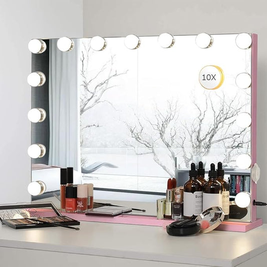 22.8"x 18.1" Vanity Mirror Makeup Mirror with Lights,10X Large Hollywood Lighted Vanity Mirror with 15 Dimmable LED Bulbs,3 Color Modes,Touch Control for Bedroom,Tabletop or Wall-Mounted