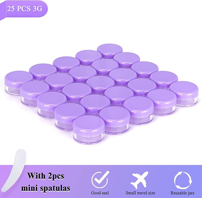 25PCS 3 Gram Sample Containers, 3ml Empty Jars with Lids, Small Cosmetic Containers, Mini Sample Jars with 2PCS Mini Spatulas for Make Up, Oils, Lotion, Powder, Paint, Jewelry, Lip Balms(Purple Lid)