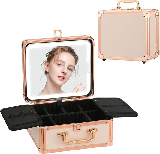 Leeora&Leekoo Makeup Box with LED Mirror & Aluminum Frame, Compact Multi-Layer Cosmetic Organizer - Portable ABS Travel Train Case for Makeup Storage(Gift for Girlfriend/Daughter) (Off white)