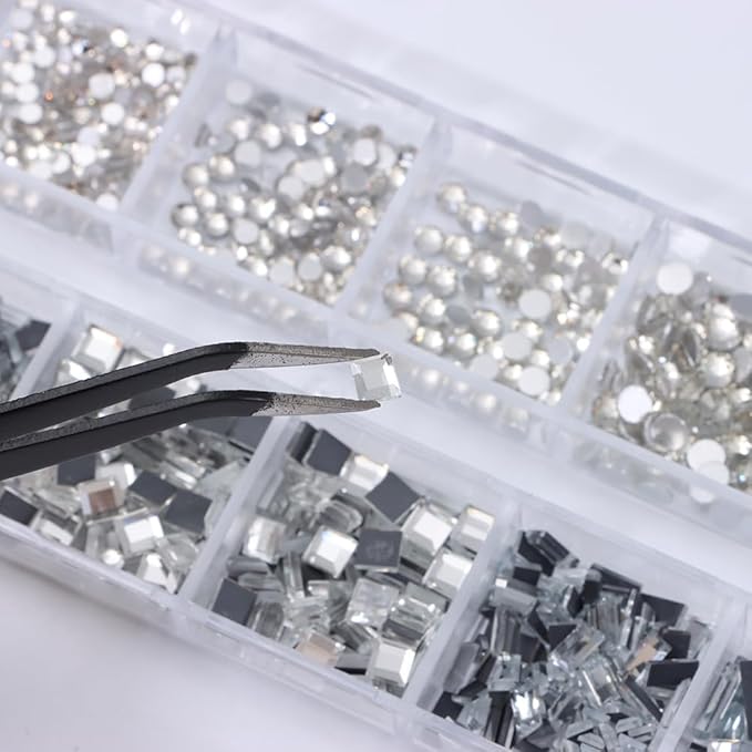 1000Pcs 12Gird Box Multi Size AB/Colorful Irregular Rhinestones Flatback Crystal Diamond Gems, with Pick Up Tweezers and Picker Dotting Pen for Nails, Makeup