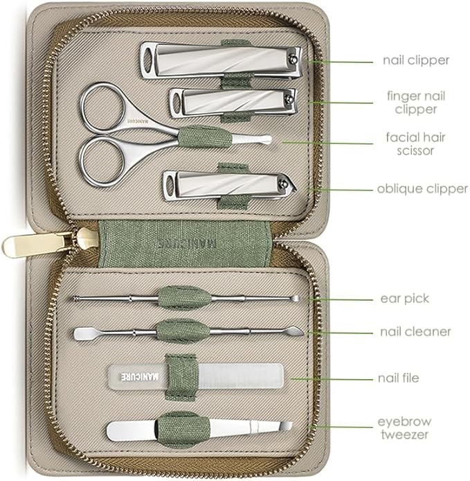 8-Piece Manicure & Pedicure Set - Stainless Steel Nail Clippers, Toenail & Fingernail Cutters with Travel Case, Complete Grooming Kit (Green)