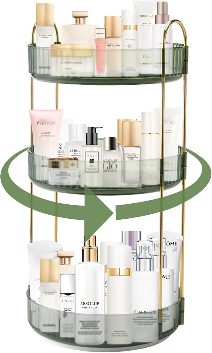 360° Rotating Makeup Organizer, Bathroom Make Up Spinning Holder Rack, Large Capacity Cosmetics Storage Vanity Shelf Countertop, Fits Cosmetics, Perfume, Skincare(3 Tiers, Green)