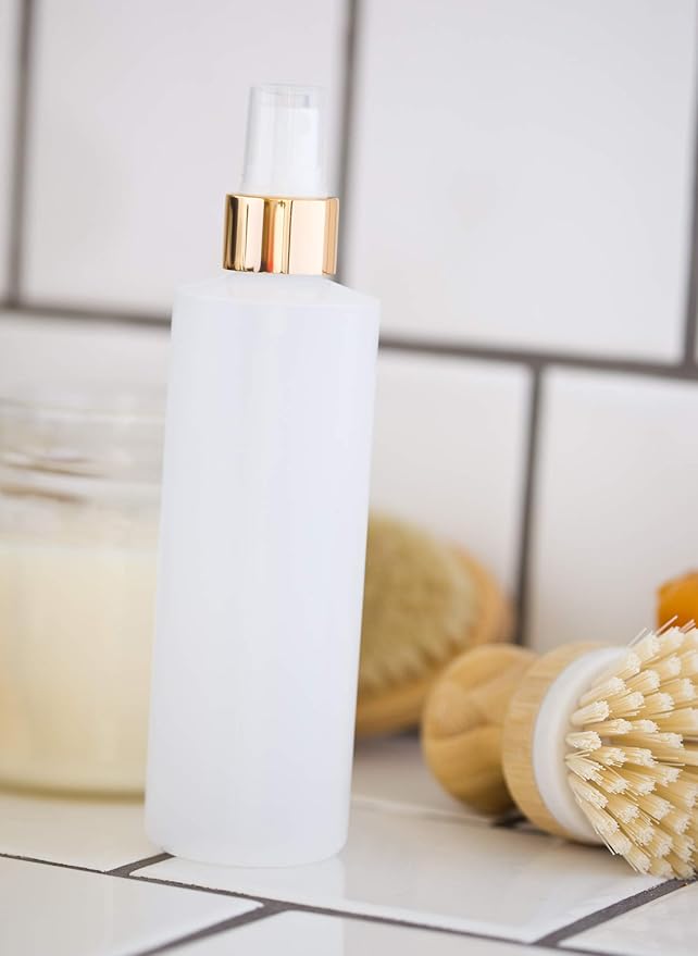 JUVITUS 8 oz Clear Natural Refillable Plastic Squeeze Bottle with Gold Metal Fine Mist Sprayer (4 pack)