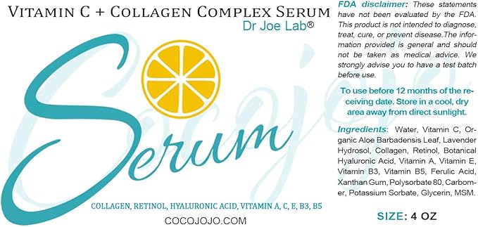 Dr Joe Lab #1 Vitamin C & Collagen Complex Serum Bulk - Multiple Purposes Face Skin Ultra Hydrating Rejuvenating Instant Moisturizer COCOJOJO (4 oz)