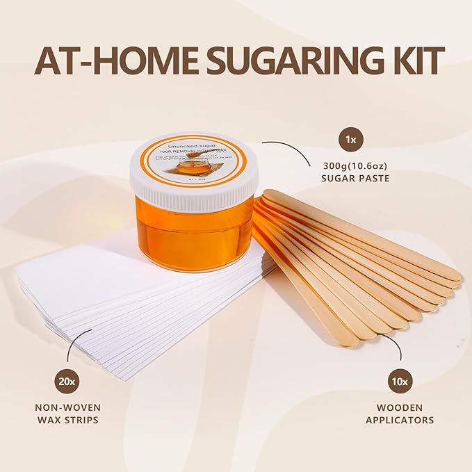 Sugar Wax Kit for Hair Removal: 300g Body Organic Sugaring Paste for Personal Home Use and Professional Salon Use - with 20pcs Wax Strips and 10pcs Sticks