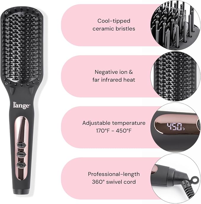 L'ANGE HAIR Le Vite Straightening Brush | Heated Hair Tool for Smoother, Frizz-Controlled Look | Dual-Voltage Hot Brush Straightener for Effortless Styling & Shine | Ceramic Standard Size (Black)
