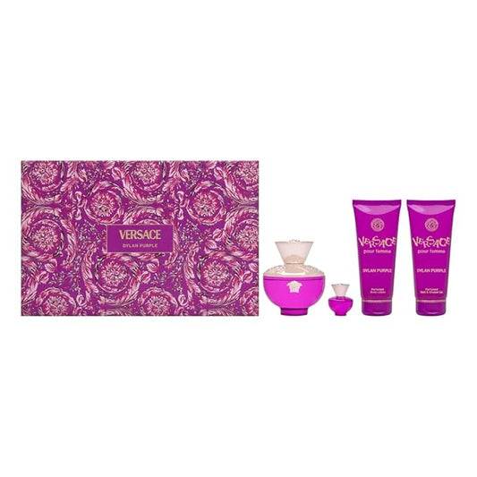 Versace Dylan Purple for Women 4 Piece Set Includes: 3.4 oz Eau de Parfum Spray + 3.4 oz Perfumed Bath Shower Gel + 3.4 oz Perfumed Body Lotion + 0.17 oz Eau de Parfum