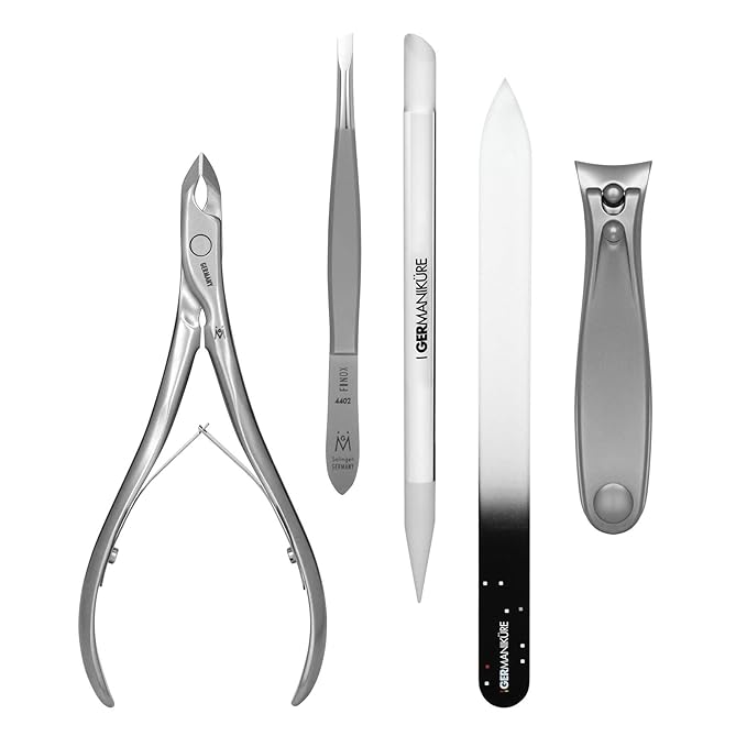 GERMANIKURE 5pc Manicure Set in Leather Case - FINOX Stainless steel tools handmade in Solingen Germany – Professional Nail and Cuticle Care Travel Implements