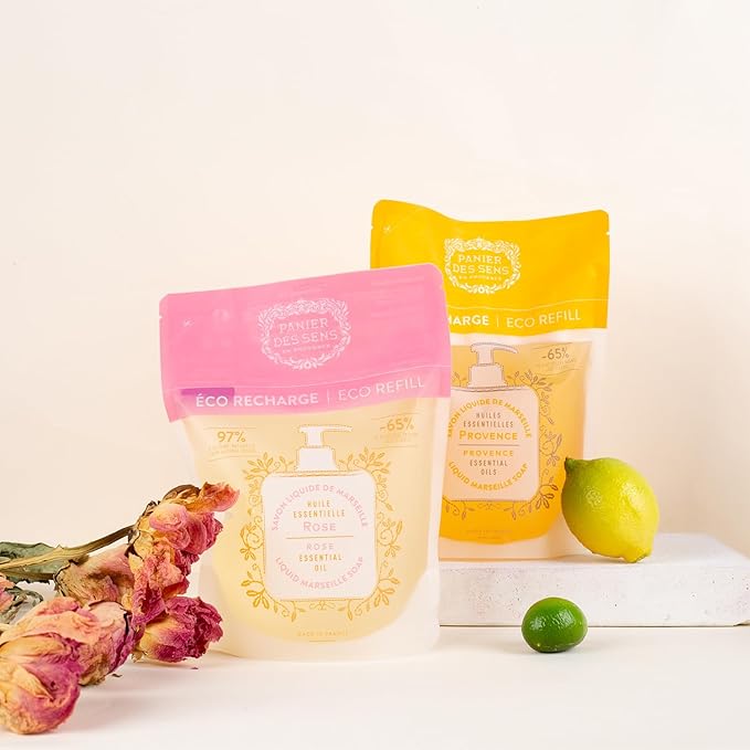 Panier des Sens Liquid Hand Soap Refills - Rose Floral Fragrance - Foaming Moisturizing Hand Soap - French Traditional Savon de Marseille for Kitchen & Bathroom - 34.4 Fl.oz Hand Wash 97% Natural