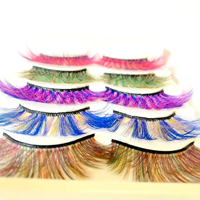 Sunniess Ombre Colored Lashes Silk Protein Fluffy Wispy Volume Fake Lashes for Halloweens Cosplay Party Stage Russian D Curl Lashes with Color Make up Faux Mink False Eyelashes