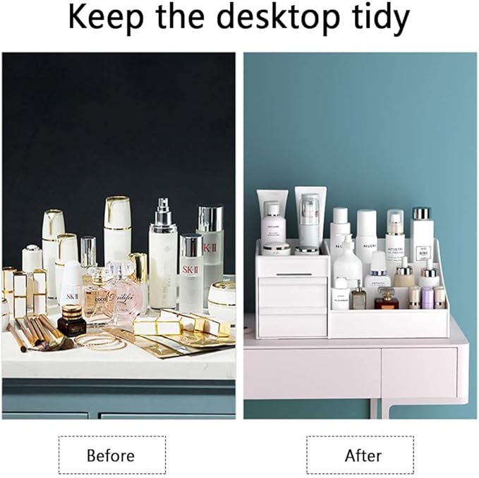 skin care organizer,Makeup Desk Organizer With Drawers,Countertop Organizer for Cosmetics,Vanity brush with Holder for Lipstick, Brushes, Eyeshadow, and Jewelry Desktop Finishing Dresser (White)