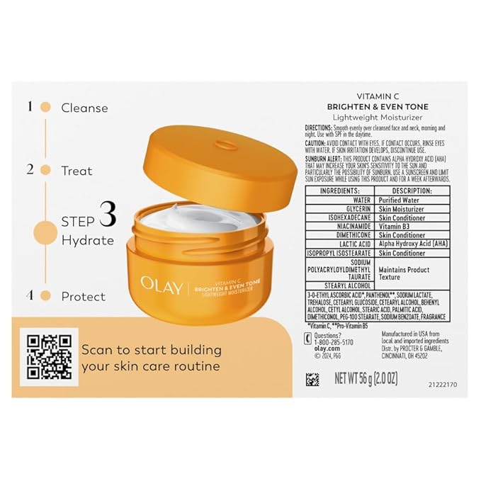 Olay Bright & Even Vitamin C with Lactic Acid Face Moisturizer, 2 oz Lightweight Brightening Face Cream for Uneven Skin Tone, Recyclable Eco Jar Packaging, Value Size