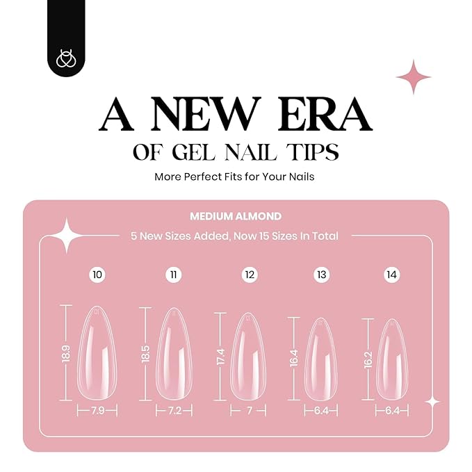 Beetles Gel Nail Kit - 600Pcs 15 Sizes Medium Almond Tips With Pink Color Gel Top Coat, Soft Clear Press-on, 5-in-1 Glue, UV Lamp - Easy Extension Set for Women