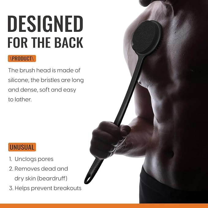 Silicone Back Scrubber for Shower, 17in Lengthen Long Handle Body Brush, Double Sided Shower Brush for Shower Exfoliating and Massage Can Produce Rich Foam, Long Handle Back Scrubber for Men