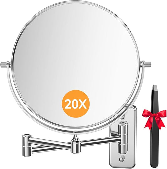 1X/20X Wall Mounted Makeup Mirror, 8'' 20X Magnifying Double-Sided Mirror with Tweezers, Bathroom Vanity Makeup Mirror, Cosmetic Mirror with 360 Rotation Extendable Swivel Arm, Chrome