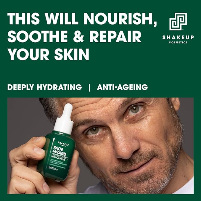 Mens Skincare Routine with Free Wash Bag, including Daily Face Wash, Clarifying Toner, Anti-Ageing Serum, Daily Moisturiser, plus Wash Bag. Aka. SHAKEUP FACE 4WARD DELUXE KIT