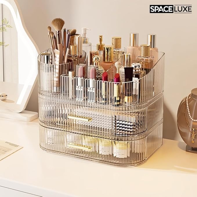 Makeup Organizer with Drawers and 360° Rotating Brush Holder, Large Capacity Cosmetic Storage for Vanity, Skincare, Perfume, Hair Accessories, Lipstick & Jewelry (Clear, 3-layer)