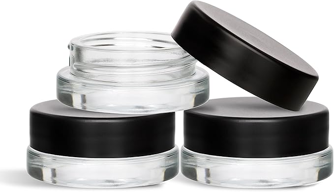 (90 Pack) 7ml Low Profile Thick Glass Jars with Black Lids - Airtight Containers for Oil, Lip Balm, Wax, Cosmetics
