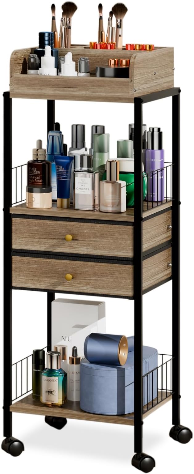 Makeup Organizer Cart Shelf Floor Skincare Organizers Make Up and Station Storage Cabinet For Vanity Standing Cosmetics With Drawers and Wheels For Nail Polish Perfume Hair Tool Beauty(Grey Oak)