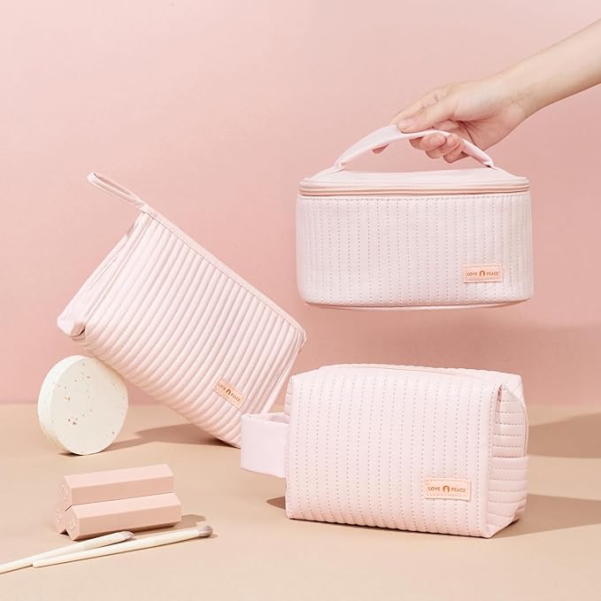 MIRASON Makeup Bag Set of 3 Cute Cosmetic Travel Toiletry Bag Organizer Pouch Set for Women PU Leather Waterproof Toiletry Bag 3 Piece Set, Light Pink