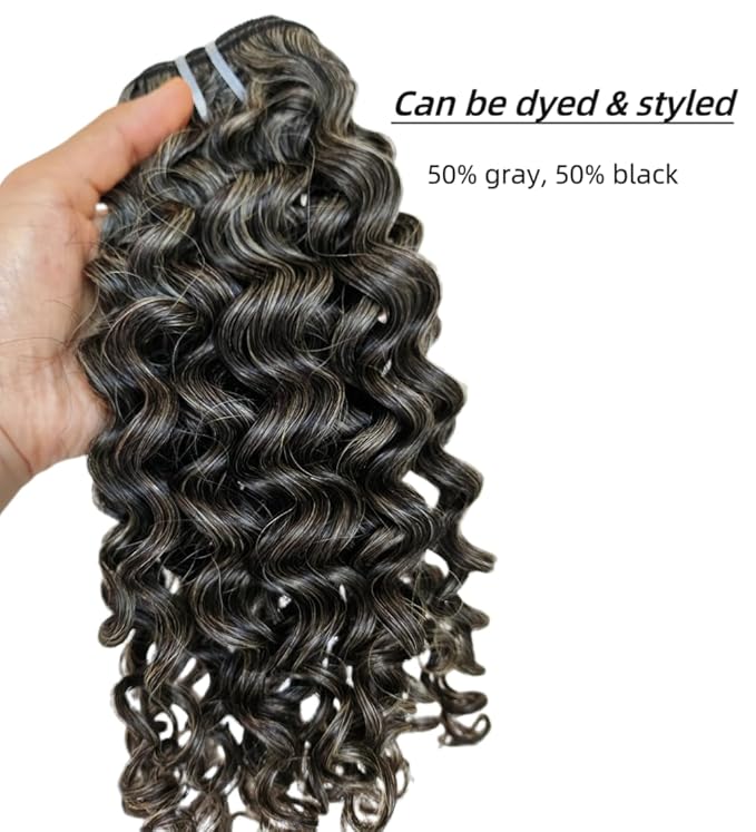 Clytie Curly Salt and Pepper Gray Human Hair Bundles 50% Grey Mixed Black Color 10 Inches 1 Single Bundle Virgin Hair Weave Weft Can be Dyed and Styled