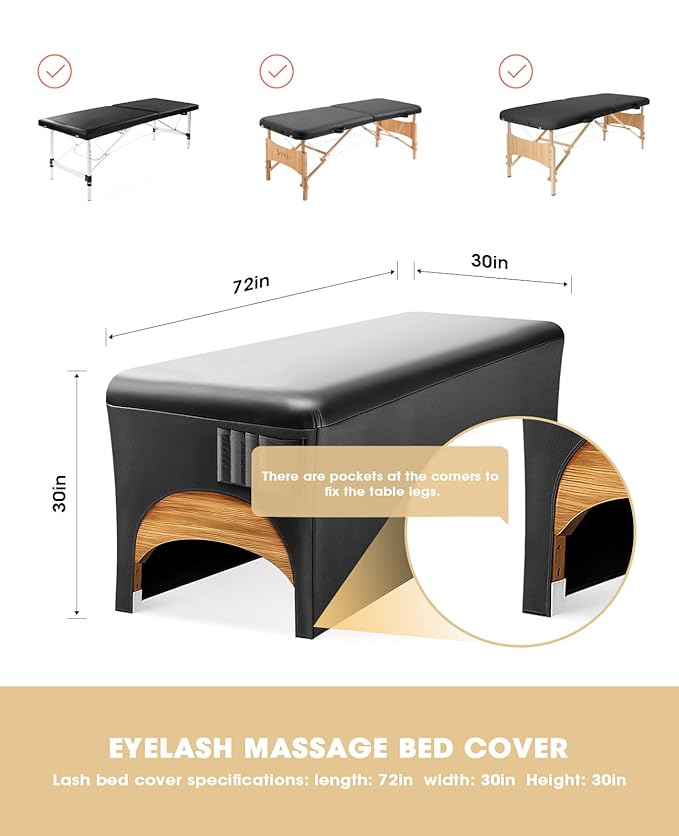 Onism Lash Bed Cover, Wipeable PU Leather Massage Table Cover with Storage Pocket, Waterproof Soft Comfortable Lash Table Cover for Eyelash Extension, Perfect for Salon Spa Tattoo, Black