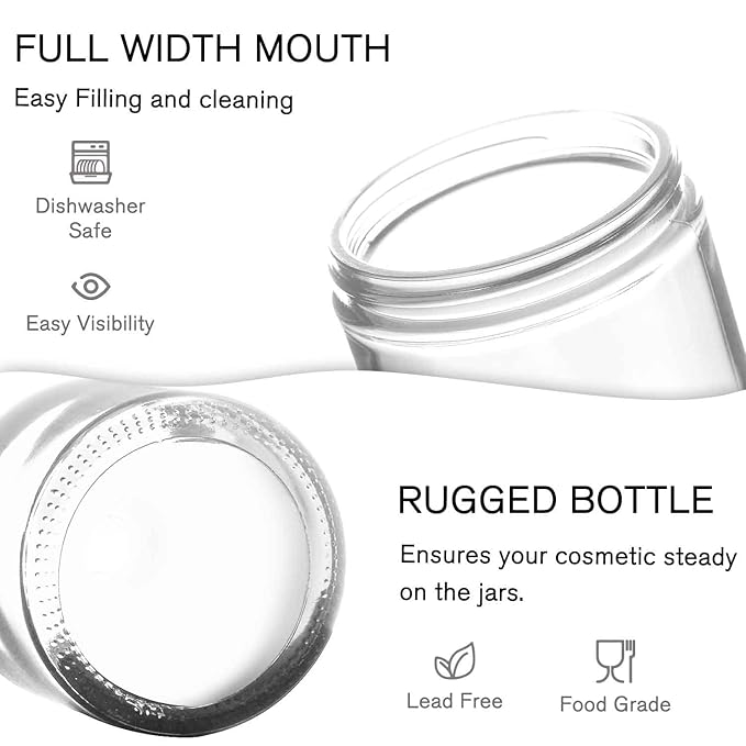 2 oz Round Clear Glass Jars, Bumobum 70 pack Cream Jars with Black Lids, Black and White Labels & Inner Liners, Empty Cosmetic Containers for Cream, Lotion