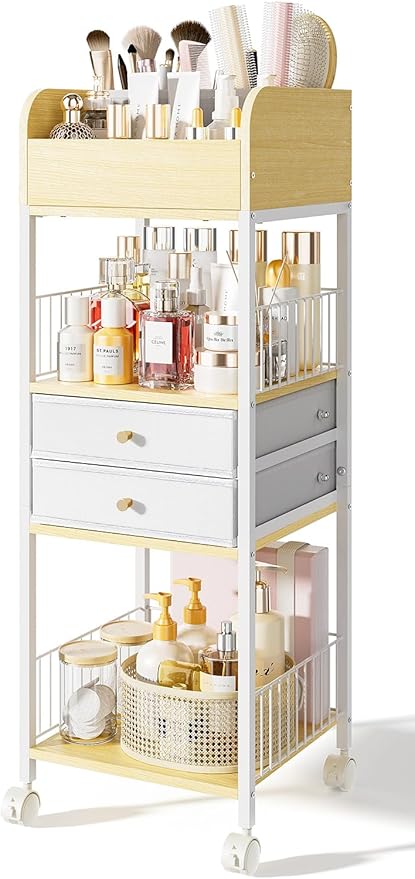 Makeup Organizer Cart with 2 Drawers, Rolling Bathroom Organizers and Storage- Versatile Skincare Perfume Storage Vanity Organizer, Natural Wood and White Iron