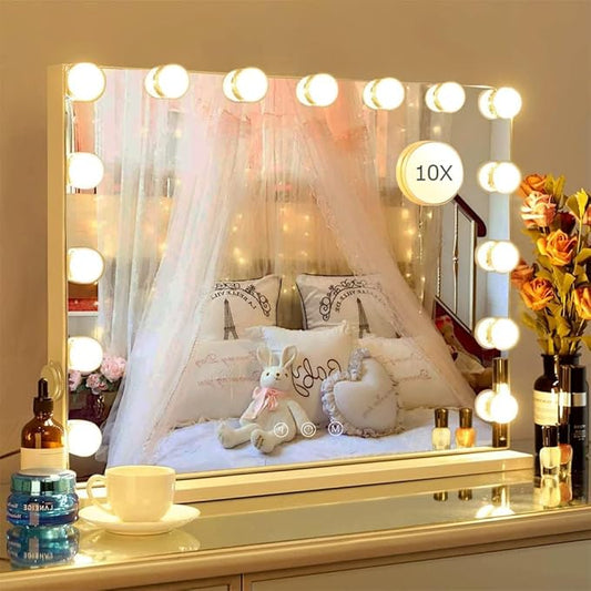 22.8"x 18.1" Vanity Mirror Makeup Mirror with Lights,10X Large Hollywood Lighted Vanity Mirror with 15 Dimmable LED Bulbs,3 Color Modes,Touch Control for Bedroom,Tabletop or Wall-Mounted