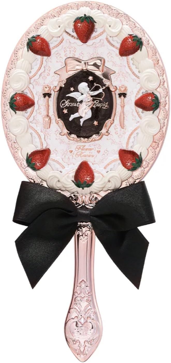 Flower Knows Strawberry Cupid Hand Mirror,Portable Vintage Handheld Mirror,Durable Metal Mirror,Cute & Aesthetic Princess Mirror,with Long Handle for Easy Holding,Gift for Girls(Milky Shake)
