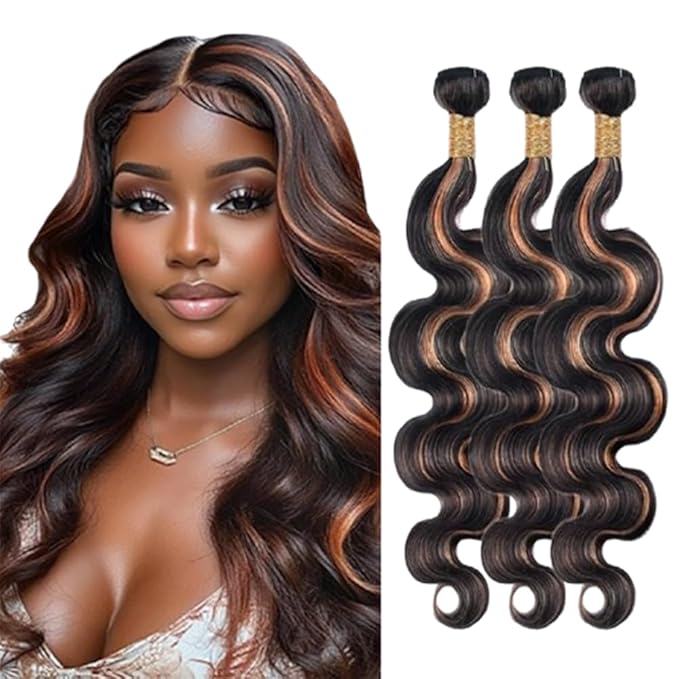 P1B30 Human Hair Bundles Body Wave Bundles Human Hair Two Tone Black and Brown With Highlights Brazilian Weave Soft and Silky for Women 26 28 30 Inch