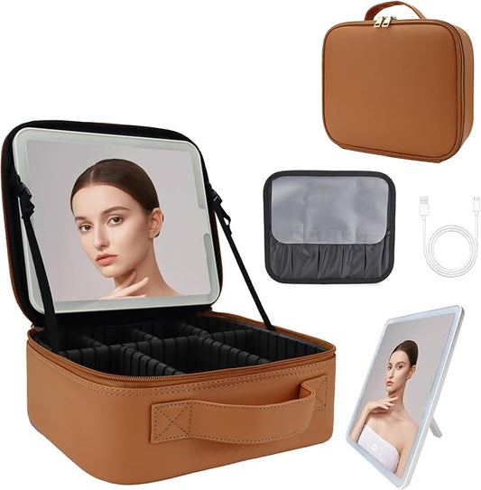Travel Makeup Bag with LED Lighted Mirror,Cosmetics Organizer, Makeup Bag with 3 Color Lighted Setting, Portable Storage and Adjustable Dividers Travel Makeup Bag(CARAMEL COLOR)
