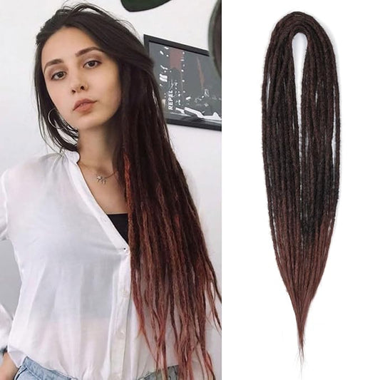 24 In Double Ended Dreadlock Extensions, Ombre Auburn 10 Strands Thin 0.6cm Width Synthetic DE Dreads Extensions, 100% Handmade Dreads Hippie Style Dreadlocks for Woman
