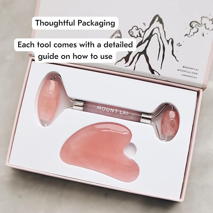 Mount Lai Rose Quartz Facial Spa Set, Rose Quartz Roller and Gua Sha Facial Tools Set, Guasha Tool for Face to Relieve Muscle Tension and Reduce Puffiness, Anti Aging Skin Care Sets for Women