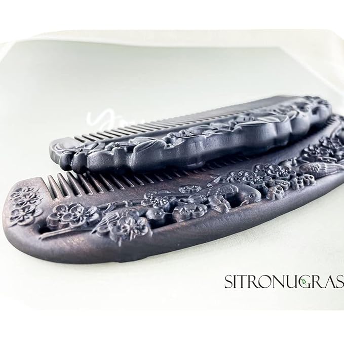 Black Sandalwood Natural Hair Comb, Ebony Carved Fine Tooth Wooden Comb- Anti-Static No Snag Handmade Hair Wood Comb for Women Men - with gift box
