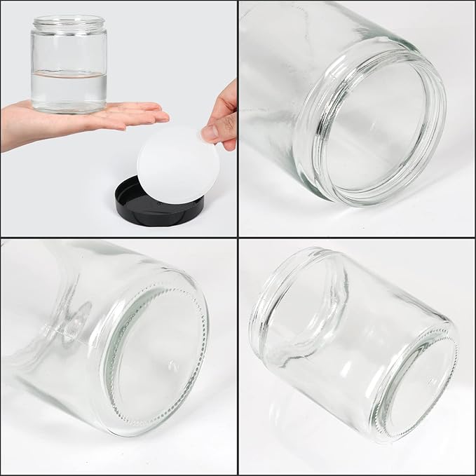 EkkoVla 24 Pack 8 oz Clear Round Glass Jars with 24 Black Lids, Candle Making Jar, Empty Refillable Cosmetic Containers for Lotions, Face Creams, Body Butter, Powders, Ointments, Beauty Products