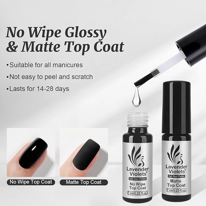 Lavender Violets 6 Pcs Gel Base and Top Coat Set: Nail Dehydrator and Primer, 5-in-1 Builder & Rubber Base Coat, Matte & No-Wipe Top Coat Long-Lasting Manicure C200