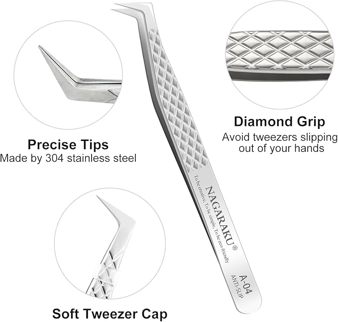 NAGARAKU Eyelash Extension Tweezers Diamond Grip with Pattern on tip Precision Durable Curved Professional for Classic Lash Fanning Volume (A-04)