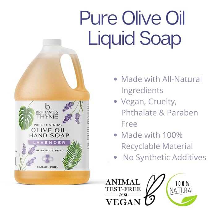 Brittanie's Pure Organic Castile Liquid Olive Oil Soap Refill, Lavender, 1 Gallon | Face, Body Wash, Dishes, Pets & Laundry | Vegan & Gluten Free Non-GMO