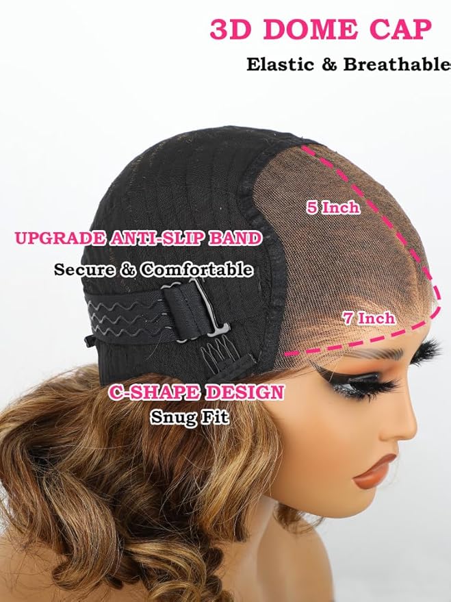 ISEE Wear Go Glueless Wigs Human Hair Pre Plucked Pre Cut Short Bob Body Wave Lace Front Wigs Human Hair for Women Upgraded Glueless Bob Wig 7x5 HD Lace Closure Wigs (Highlight Ombre, 16 Inch)