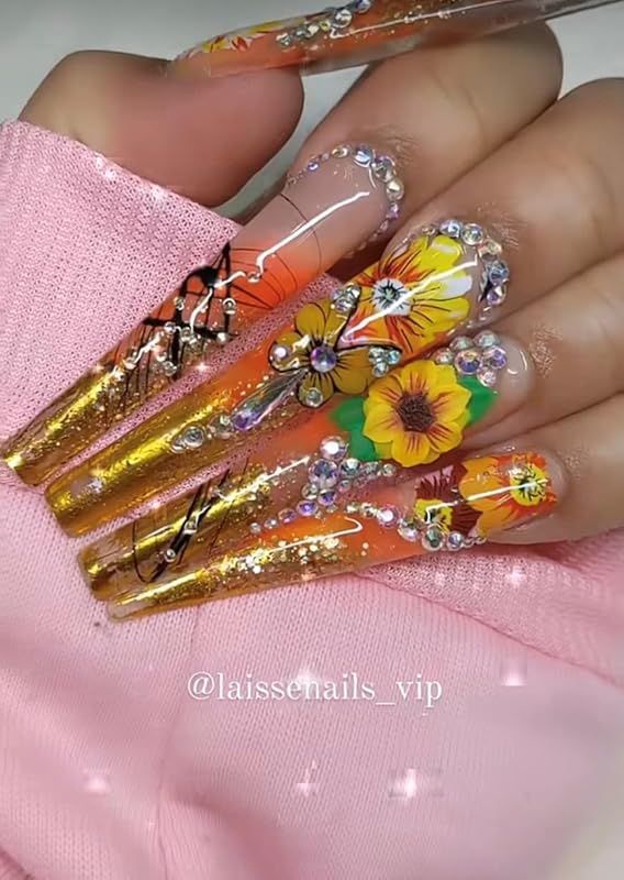 Set 3D Acrylic Yellow Flower Nail Art Charms Handmade by Acrylic Powder - 24pcs 3D Flowers Nails Rhinestones Kit 3D Crystal Nail Pearls Design Acrylic Nail Art for Women (Yellow)