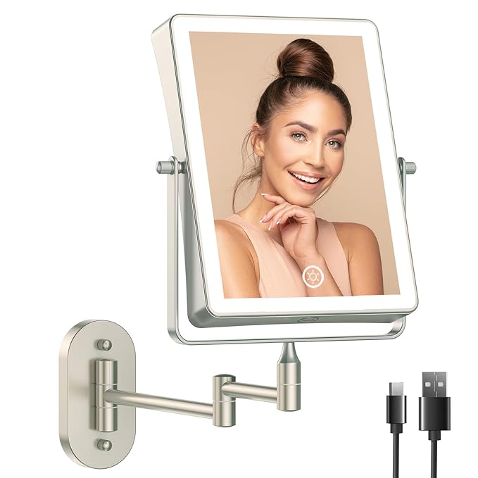 FASCINATE Rechargeable Wall Mounted Makeup Mirror with Lights, Bathroom Mirror Rectangle 8.7 Inch Double Sided 1X 10X Magnifying Mirror with 3 Color Setting Extended Arm 360° Swivel Foldable Bronze